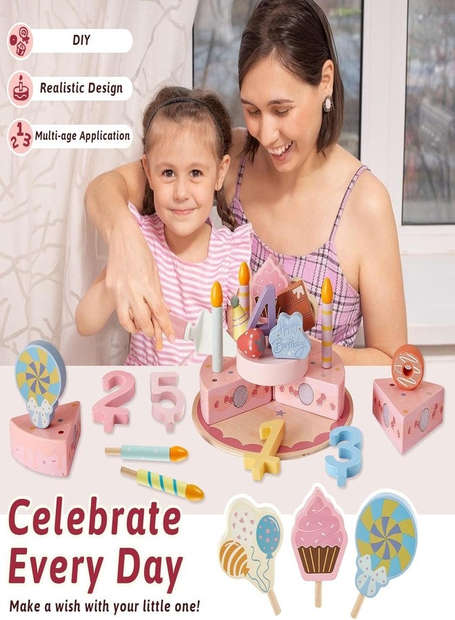 KITMEER Kids Pretend Birthday Cake Toy Set, 2-Tier Wooden Cutting Cake with Plate, Candles, Decorations, Kitchen Play Food Gift for Children 3+ - Image 2